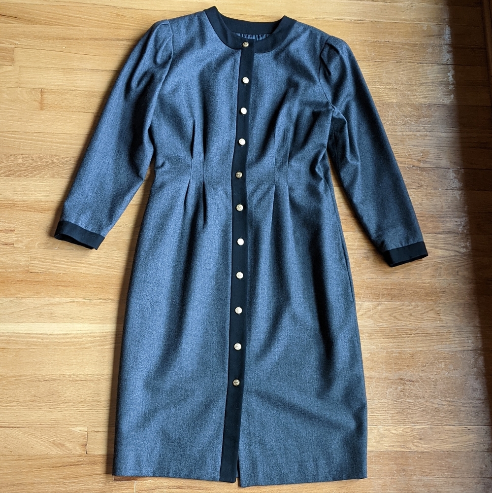 Andrew Harvey Vintage Gold Button Gray Wool Dress